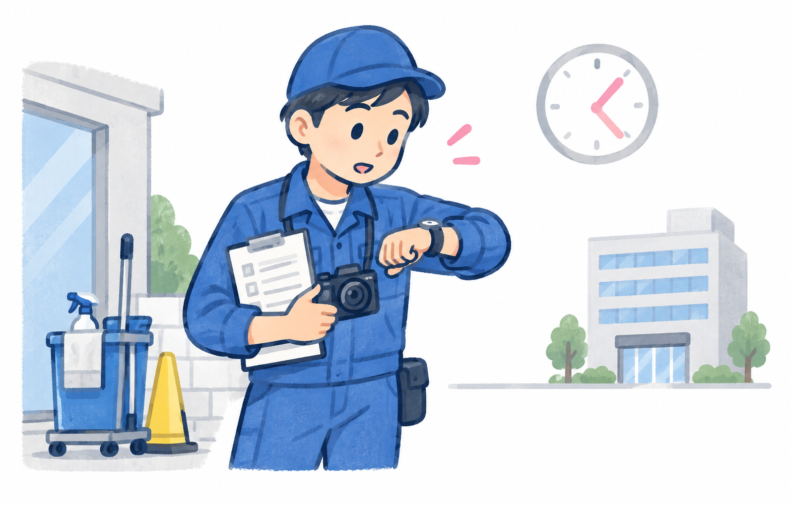 紙の報告書を持って事務所へ戻る現場スタッフ