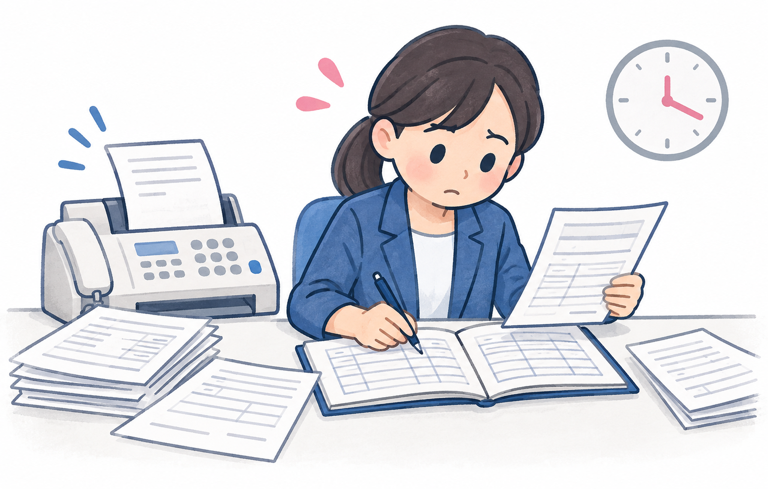 FAXの注文を台帳へ書き写す事務スタッフ